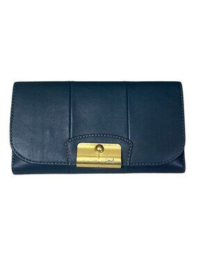 Coach Kristen Teal Leather Wallet Tri-Fold Envelope Gold Clasp Check Book Cover